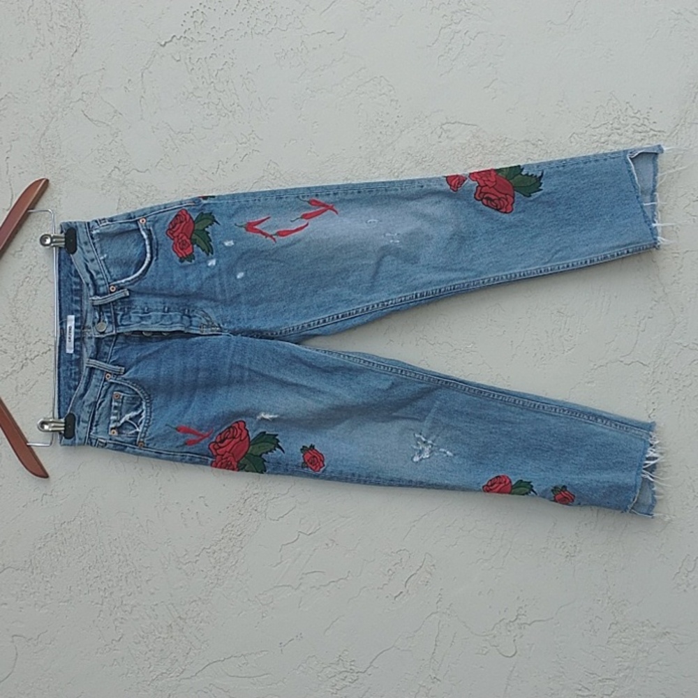 GRLFRND Helena High Rise Straight Jeans Roses Chili Embroidery Size 23